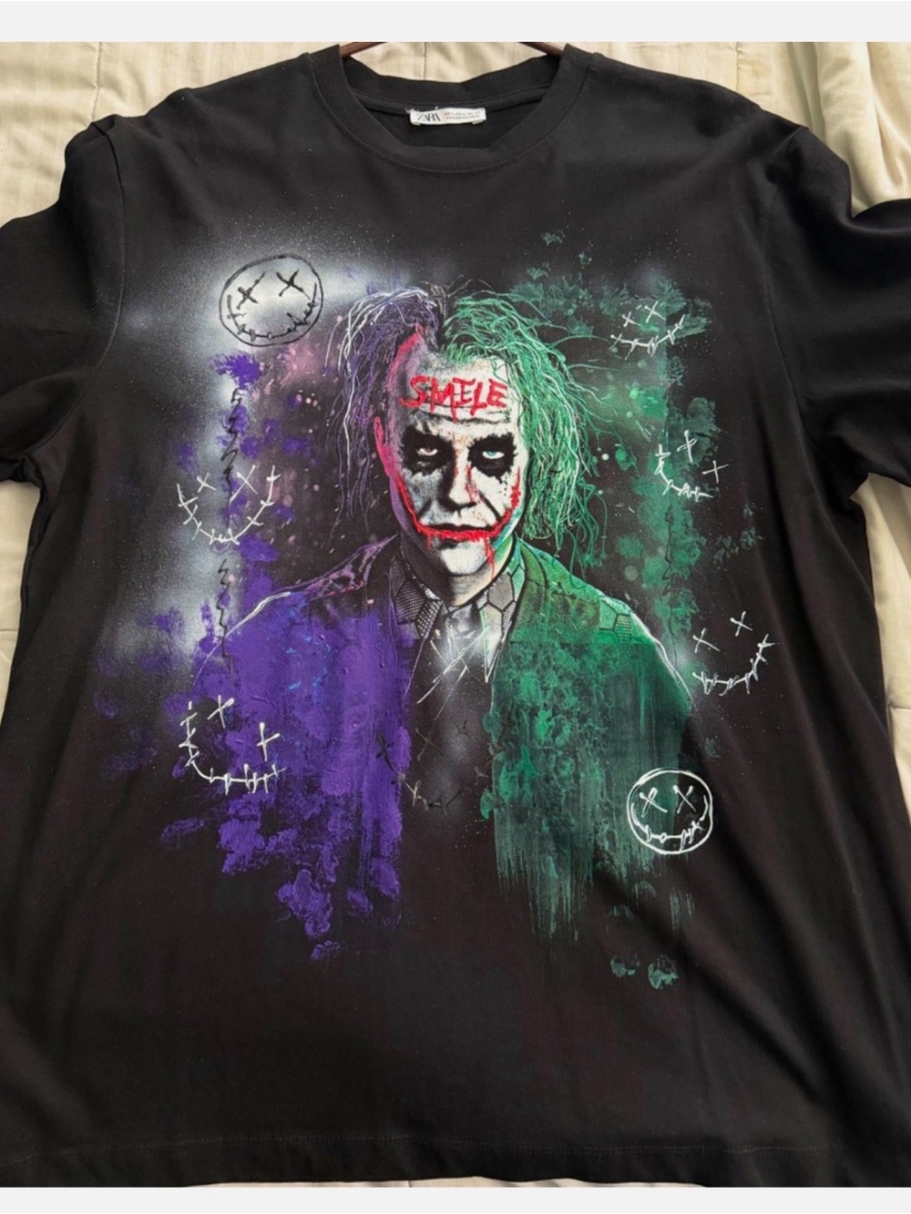 Zara Black Graphic Tee with Purple and Green Joker-Style Print